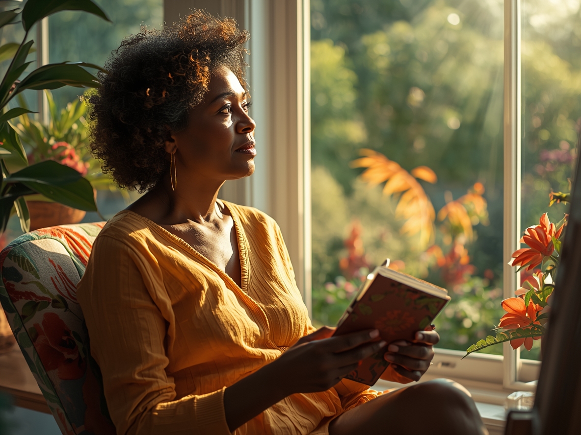 A beautiful serene Black woman sitting in a sunroom with a journal