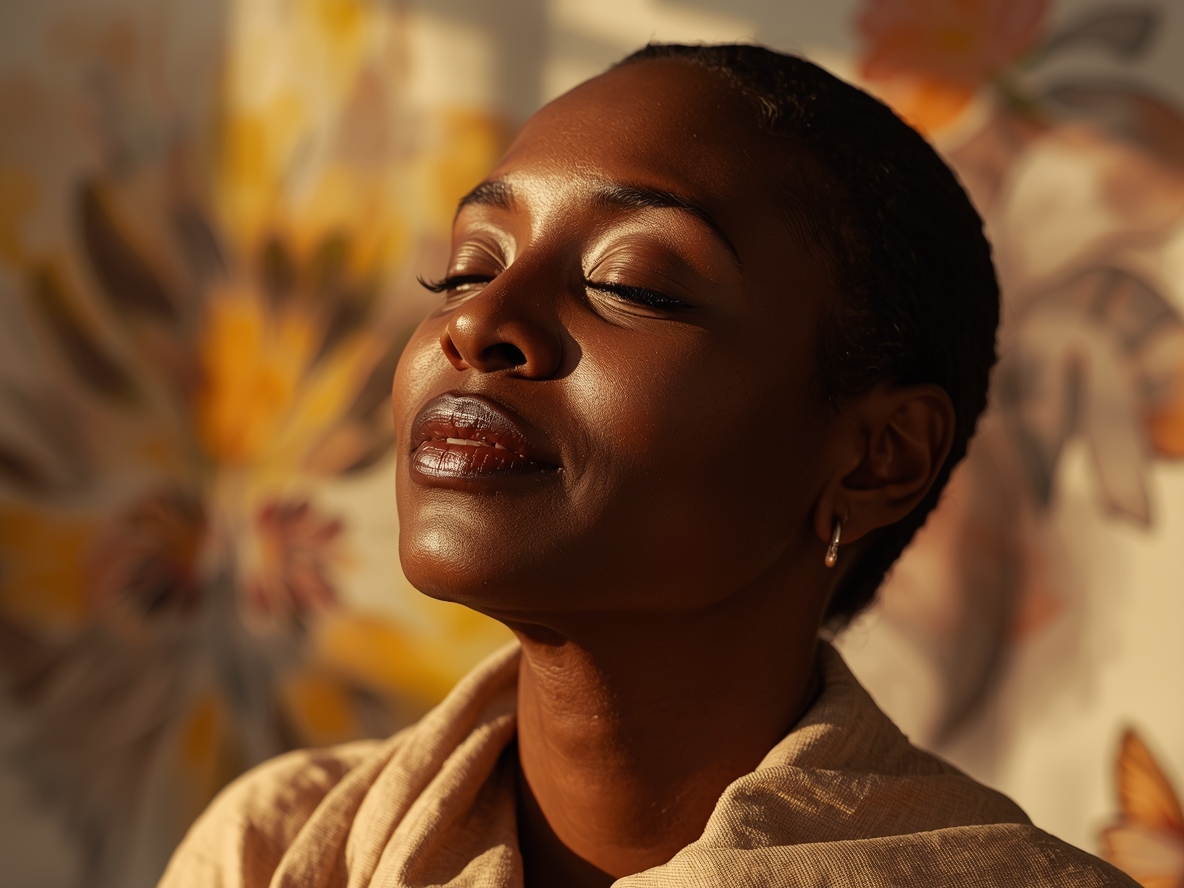 An elegant Black woman resting with her eyes closed