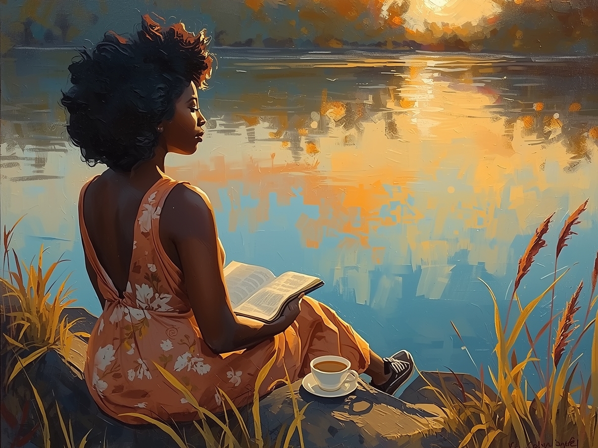 A peaceful Black woman practicing soul-care by a calm lake